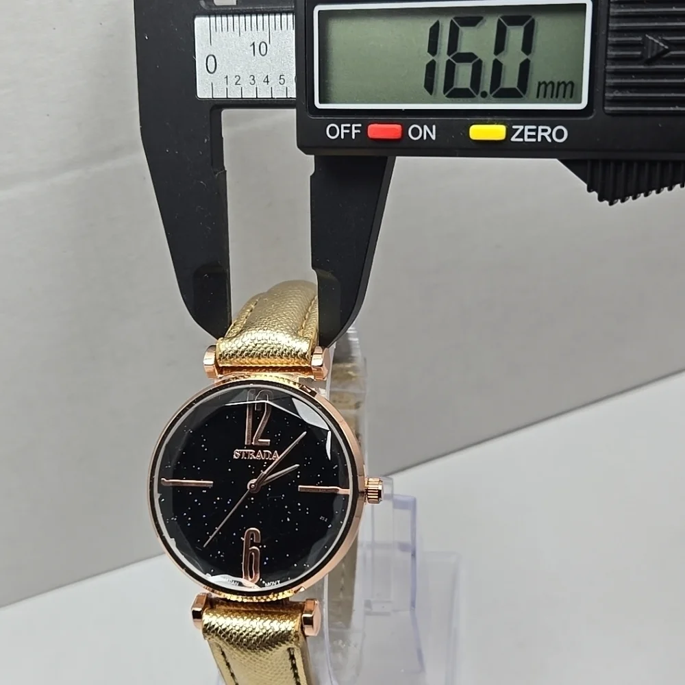 Womens Strada Rose Gold Tone Diamond Cut Bezel Watch Leather Sparkle New Battery